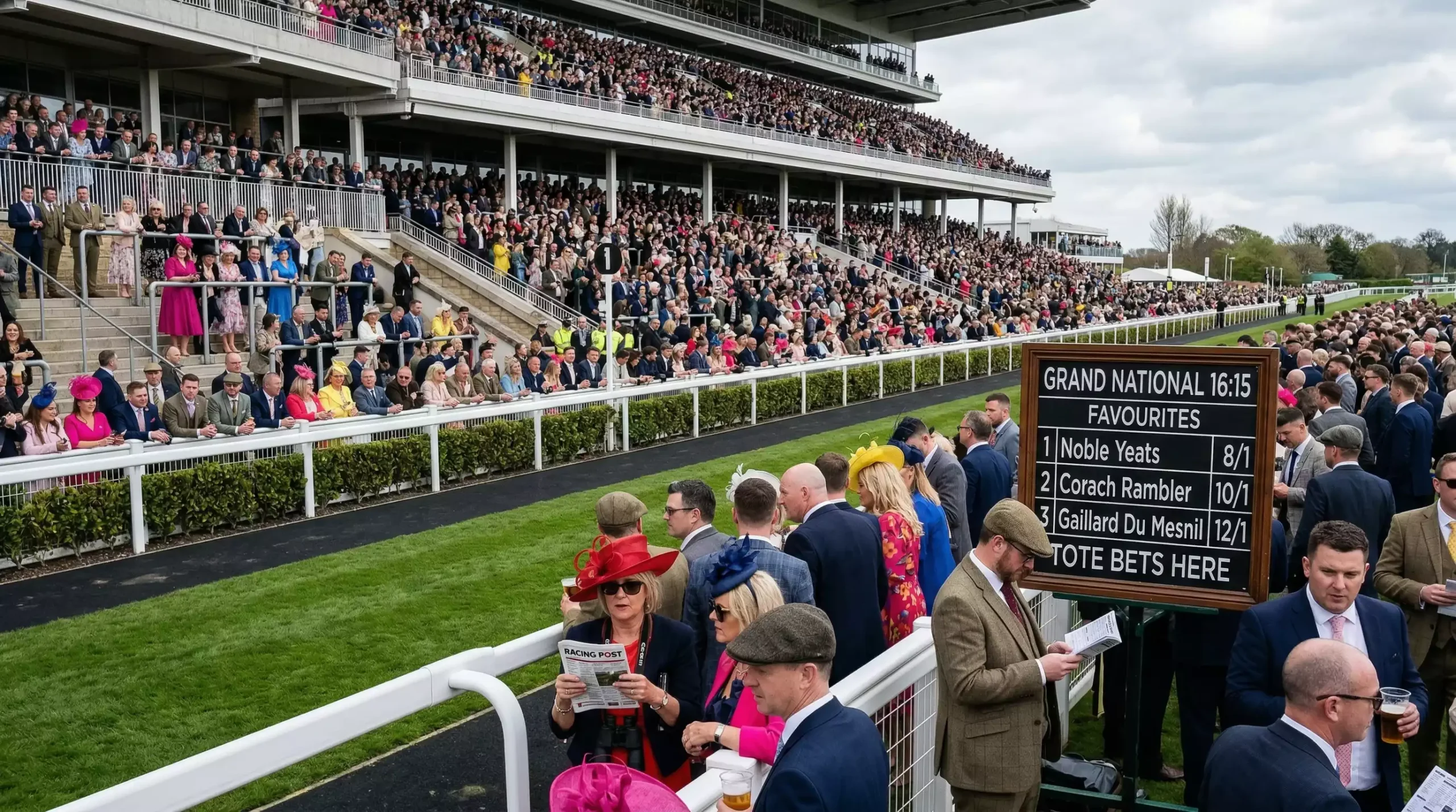 Packed grandstands at Aintree on Grand National day with racegoers cheering