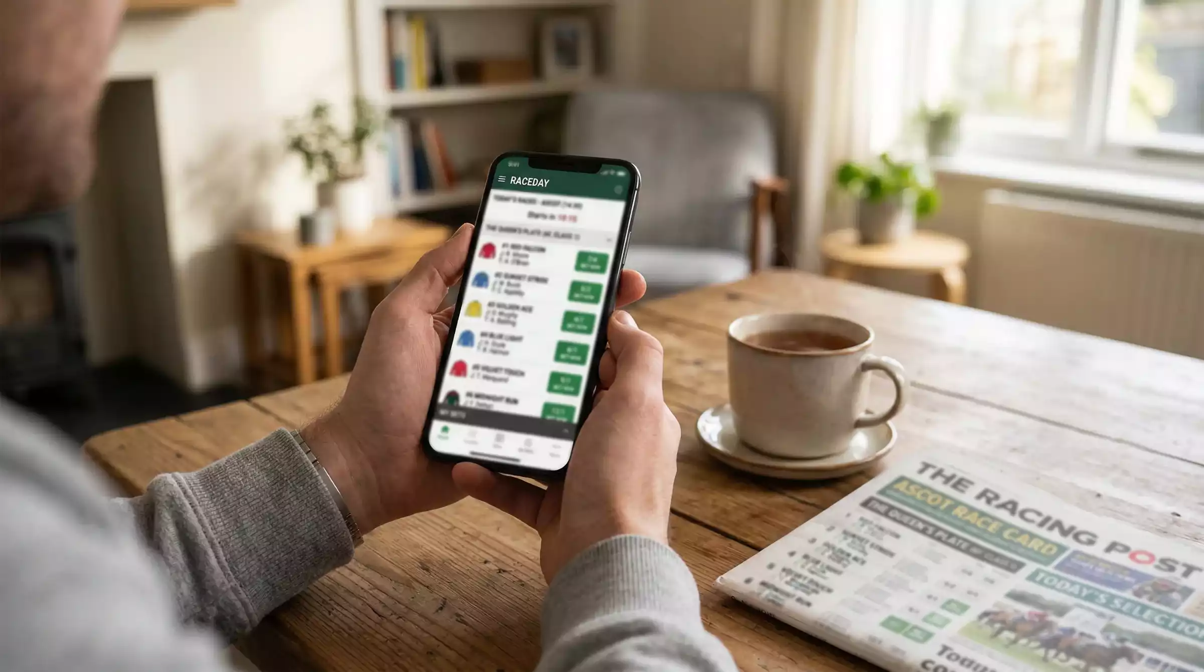 Person placing a bet on the Grand National using a mobile phone with a betting app open
