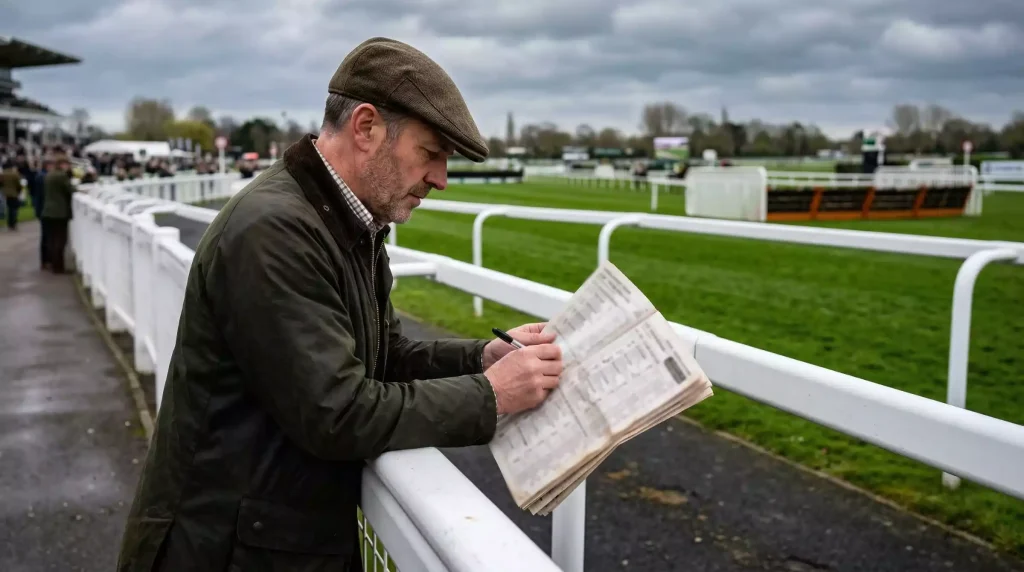 Racegoer studying a Grand National form guide at Aintree
